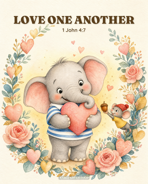 Love One Another — 1 John 4:7 watercolour scripture print, Ezra and Nibbles sharing an acorn