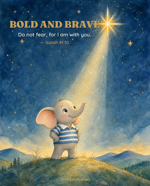 Bold and Brave — Isaiah 41:10 watercolour scripture print, Ezra the elephant standing tall in golden light
