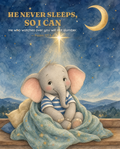He Never Sleeps, So I Can — Psalm 121 watercolour scripture print, Ezra resting under a crescent moon