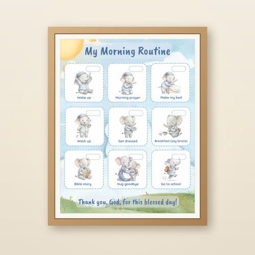 The Christian morning routine chart for kids shown framed on a cozy nursery wall — watercolour Ezra the elephant art matted in a warm wood frame.