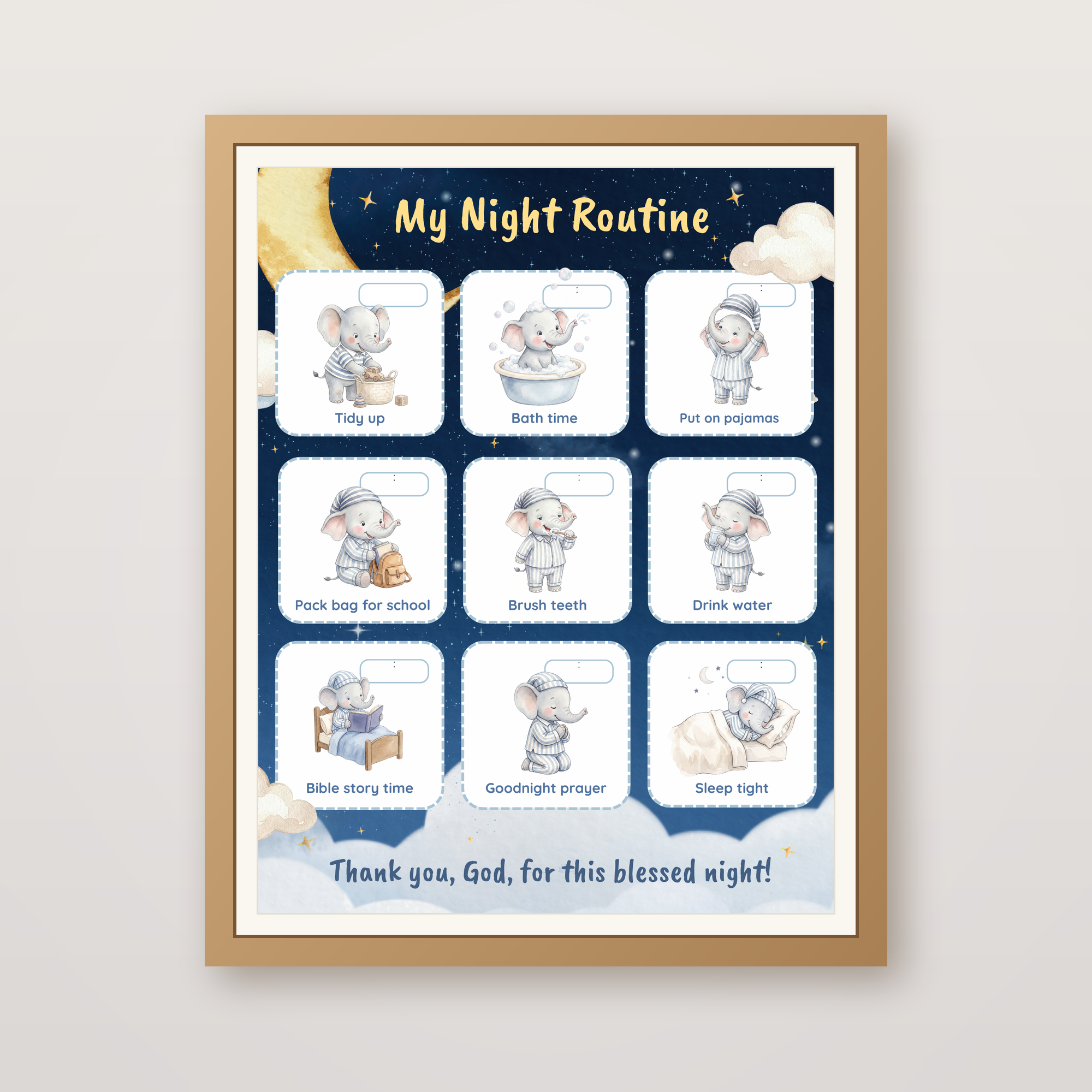 The Christian bedtime routine chart for kids shown framed on a cozy nursery wall — watercolour Ezra the elephant art matted in a warm wood frame.