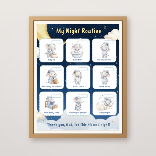 The Christian bedtime routine chart for kids shown framed on a cozy nursery wall — watercolour Ezra the elephant art matted in a warm wood frame.