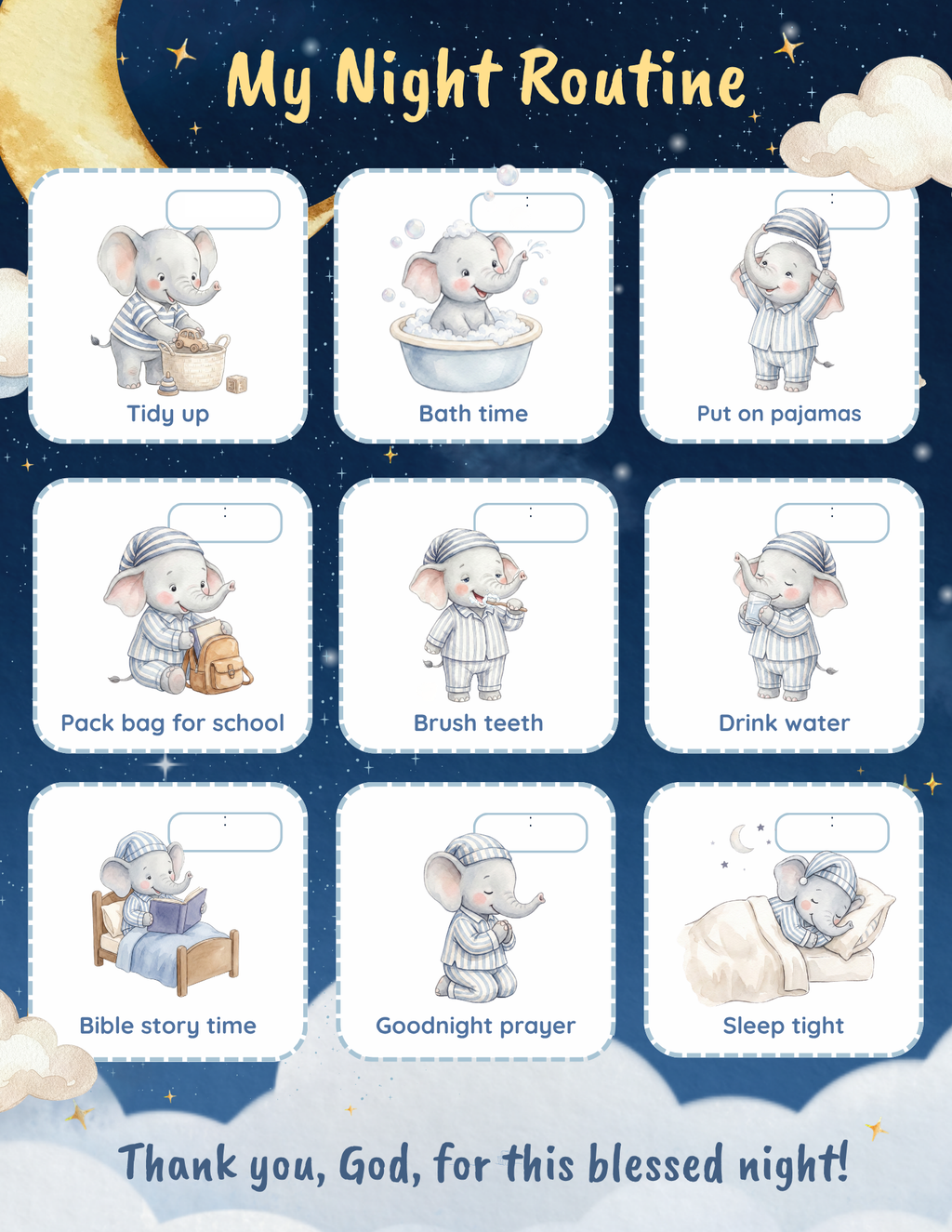 My Night Routine chart — Ezra the elephant in striped pyjamas moving through nine watercolour bedtime steps under a starry navy sky, with the painted line "Thank you, God, for this blessed night!"