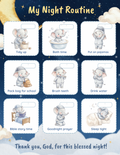 My Night Routine chart — Ezra the elephant in striped pyjamas moving through nine watercolour bedtime steps under a starry navy sky, with the painted line "Thank you, God, for this blessed night!"