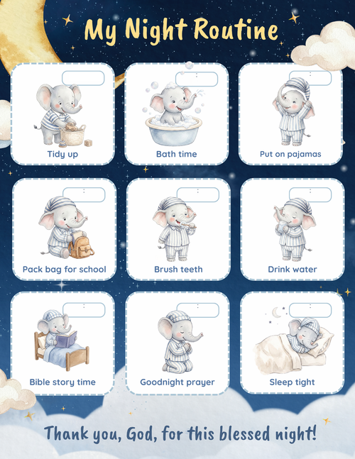 My Night Routine chart — Ezra the elephant in striped pyjamas moving through nine watercolour bedtime steps under a starry navy sky, with the painted line "Thank you, God, for this blessed night!"