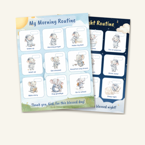 Morning and Night routine chart bundle — Ezra the elephant's sunrise morning chart beside his starry bedtime chart, both watercolour, shown as a two-chart set on cream.